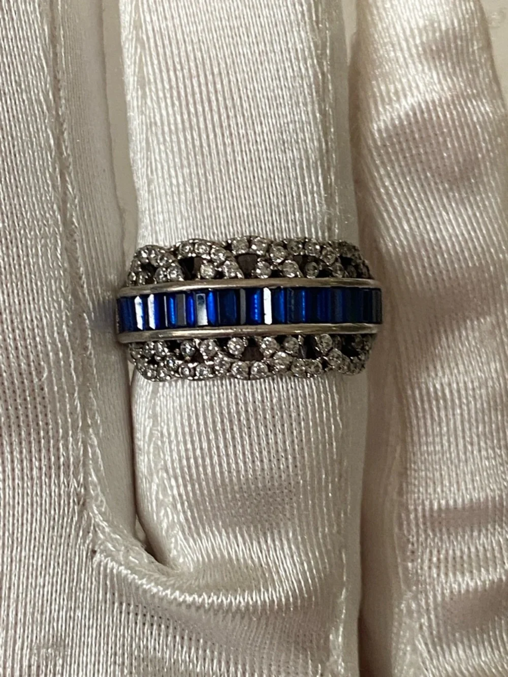 18K White Gold Plated Lab Blue Sapphire & 1/4 TCW Diamond Filigree Ring Sz 7